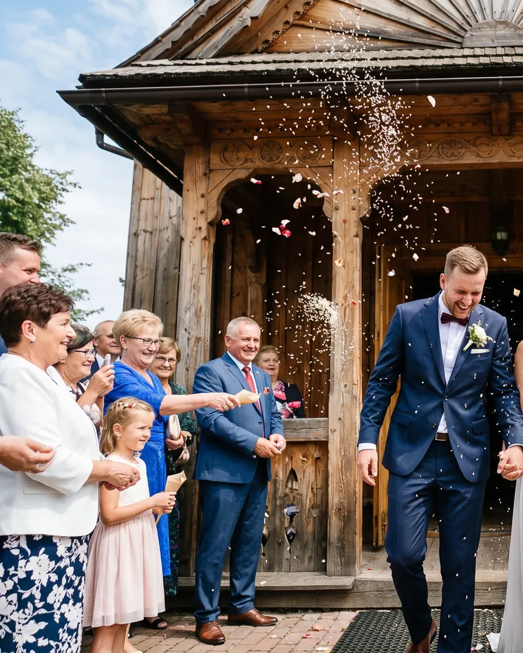 Para młoda wychodząca z ceremonii wśród gości